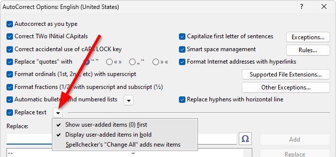 The 'Replace With' options