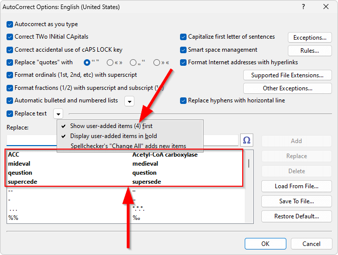 Bringing user-added items to top