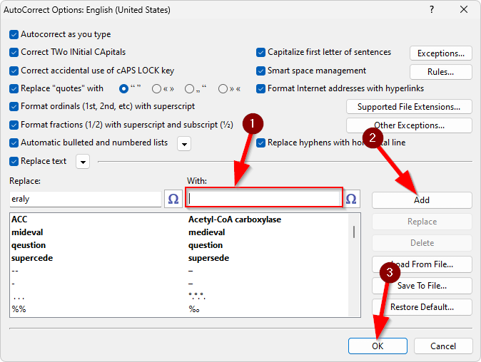 Adding a new 'replace with' item manually