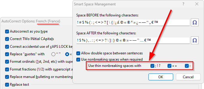 The thin nonbreaking space options