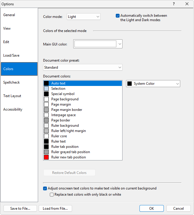 The 'Colors' settings