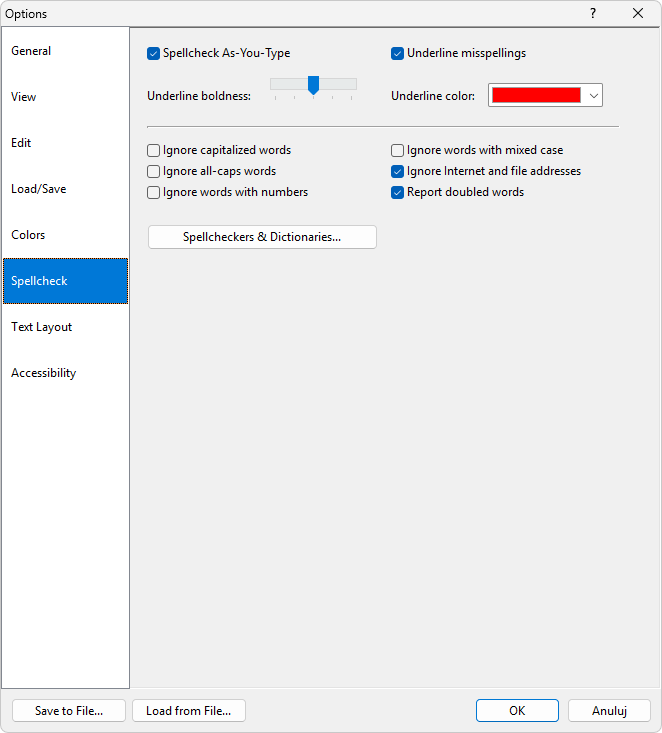 The 'Spellcheck' settings