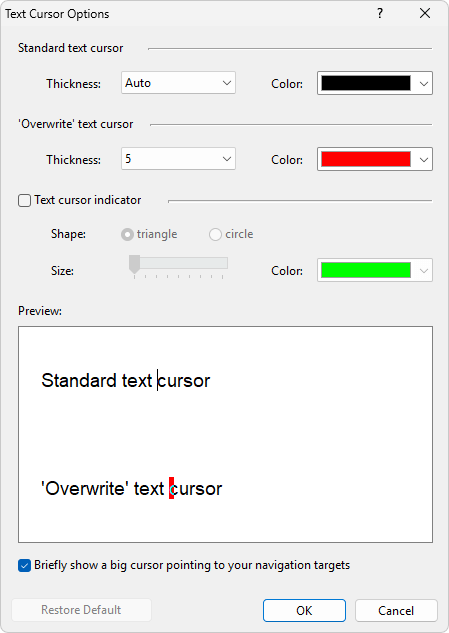 The 'Text Cursor Options' dialog
