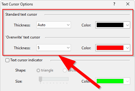 The text cursor options for two text-entering modes