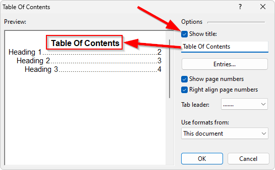 Specifying title for a table of contents