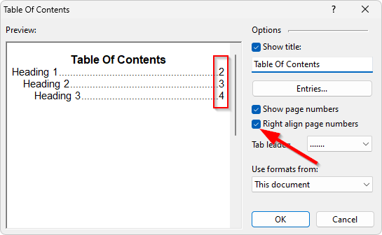 Right-aligned page numbers