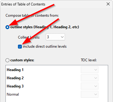 Standard options for TOC entries