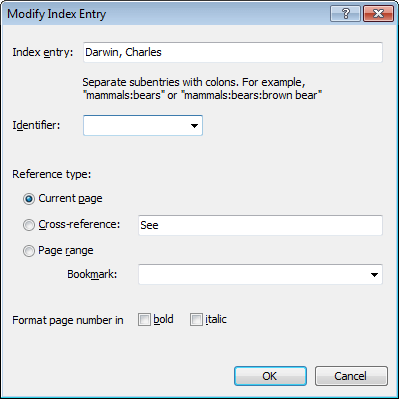 The 'Modify Index Entry' dialog