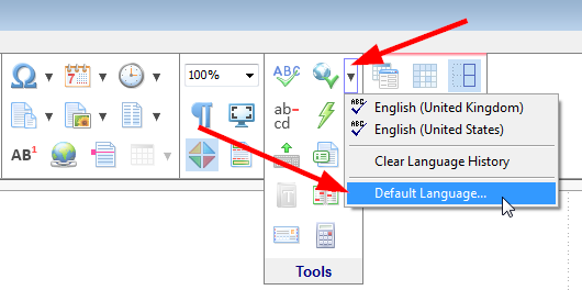 The 'Default language' menu command