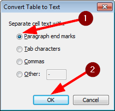 The 'Convert table to text' dialog
