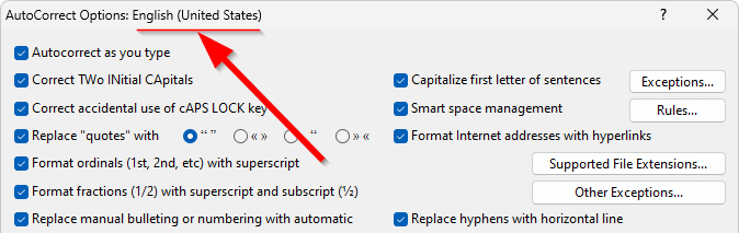 The title bar of the 'AutoCorrect Options' dialog