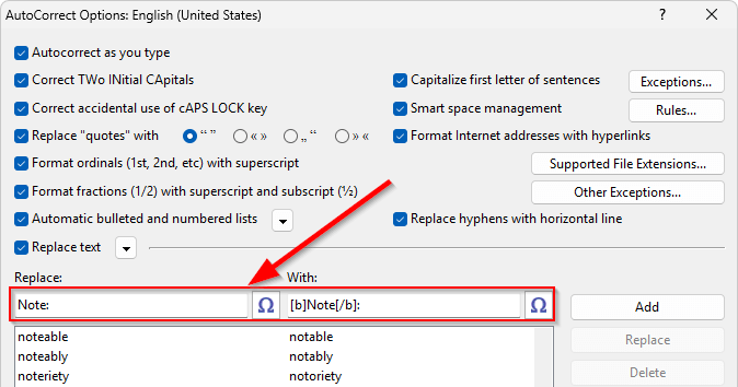 A 'replace with' item with font formatting