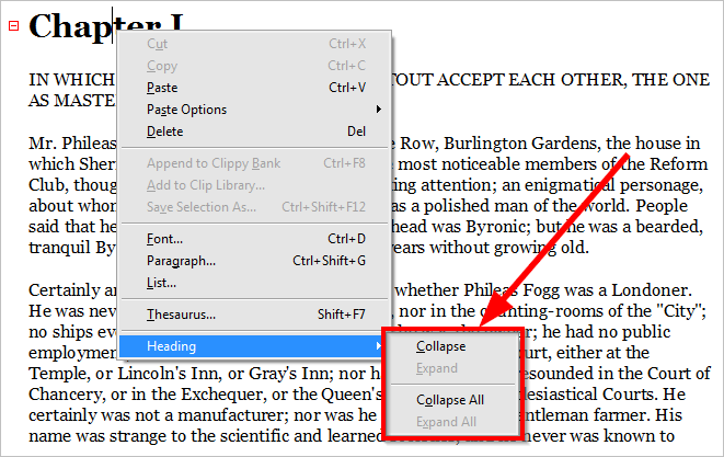 The 'Heading' right-click menu