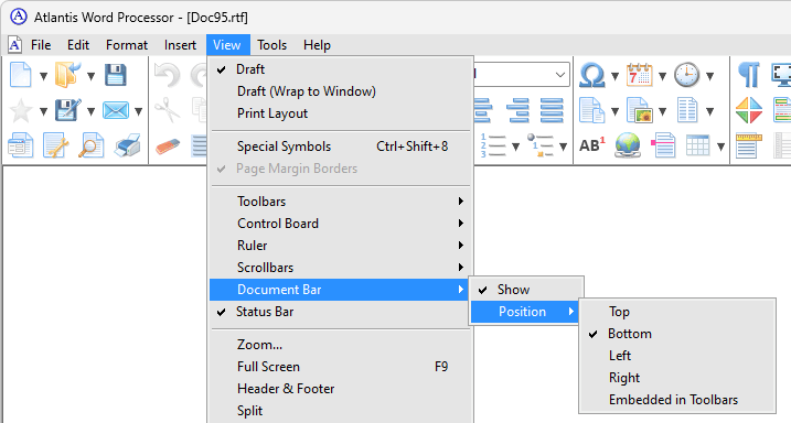 The Document Bar 'Position' menu