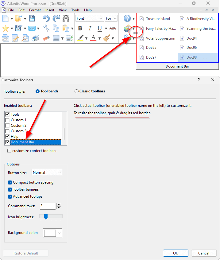 Resizing embedded Document Bar