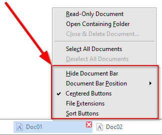 The Document Bar's context menu