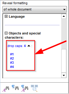 Drop caps reported through the 'Reveal formatting' panel