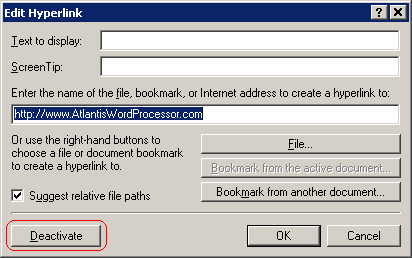 Deactivate hyperlink