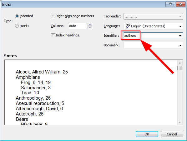 Specifying identifier for an index