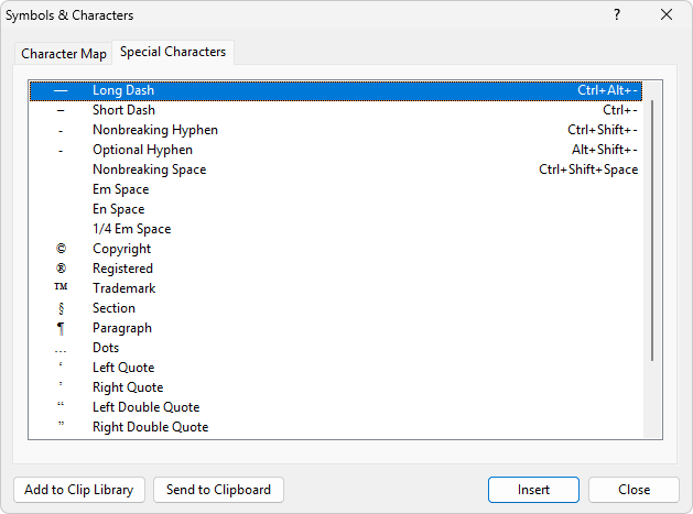 The 'Special characters' tab