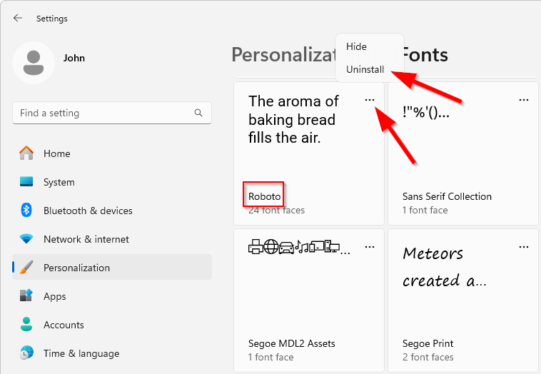 Uninstalling a font