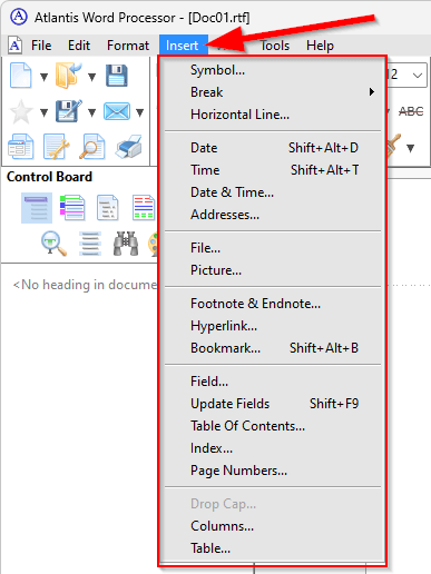 The 'Insert' menu