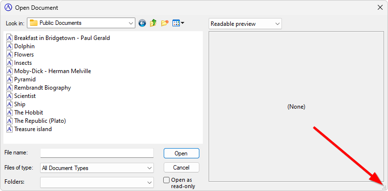 Resizing the 'Open Document' dialog