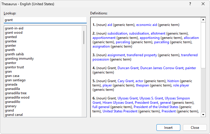 The 'Thesaurus' dialog
