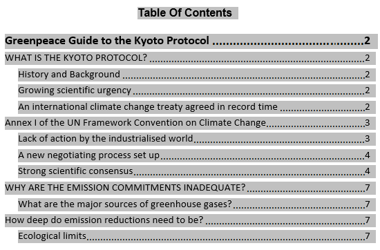 Table of contents