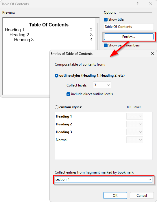 Choosing bookmark for a TOC