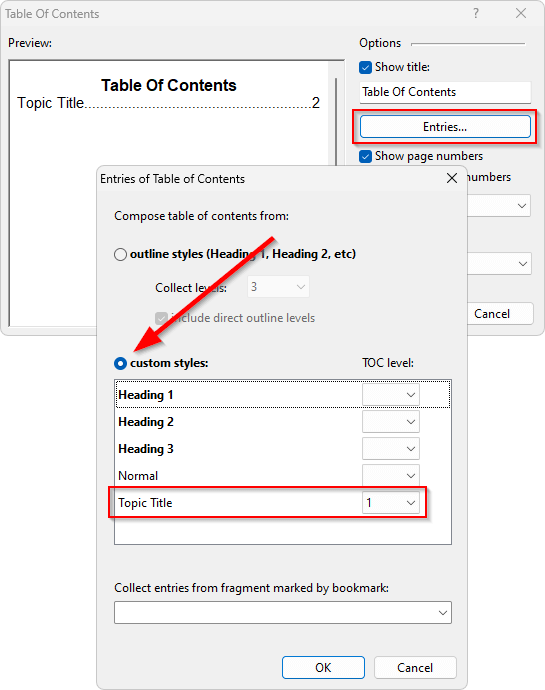 Composing table of contents from custom styles