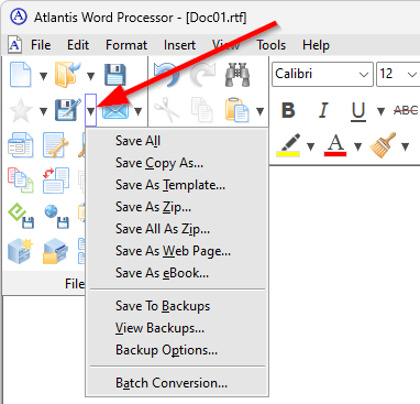 Toolbar drop-down menu