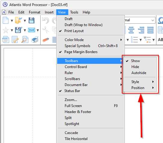 The 'View | Toolbars' menu