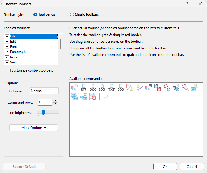 The 'Customize toolbars' dialog