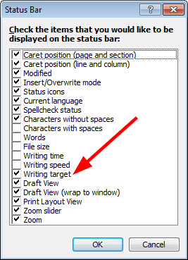 The 'Writing target' section of status bar