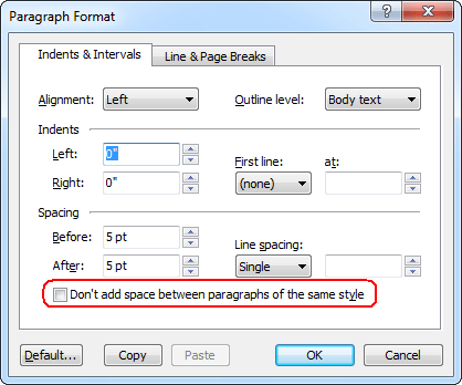 The 'Paragraph format' dialog