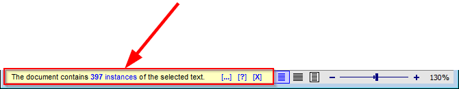 Status bar reporting instances of selected text