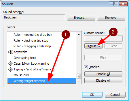 Associating a custom sound with the 'Writing target reached' event