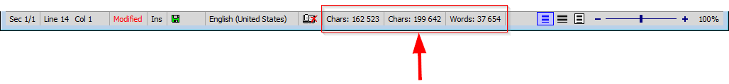 The character and word count on the status bar