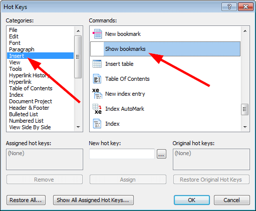The 'Hot keys' dialog