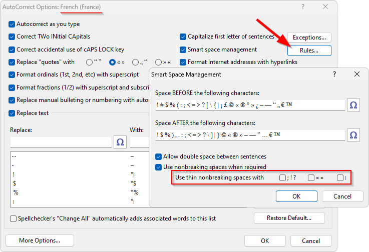 The thin nonbreaking space options