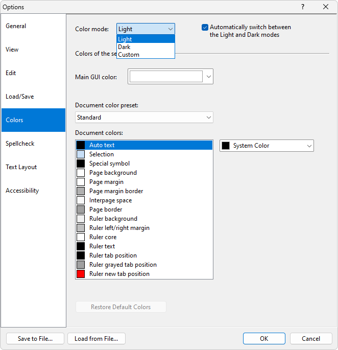 Customizing the color modes