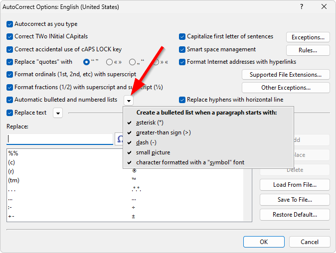 The bullet-related AutoCorrect options