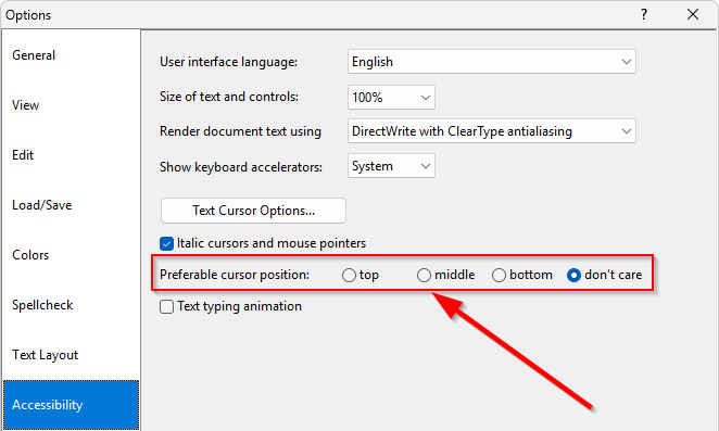 The 'Preferable cursor position' options