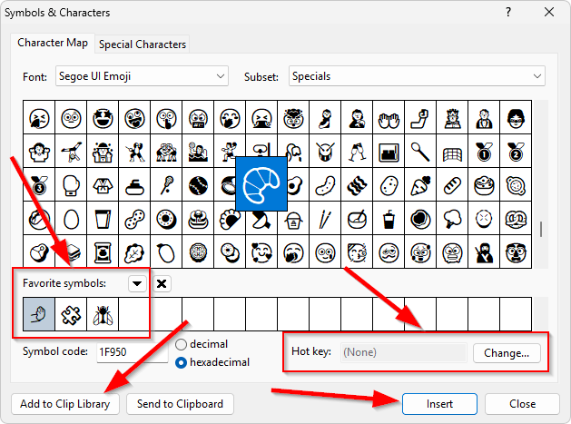 Supplementary characters in the 'Insert | Symbol...' dialog