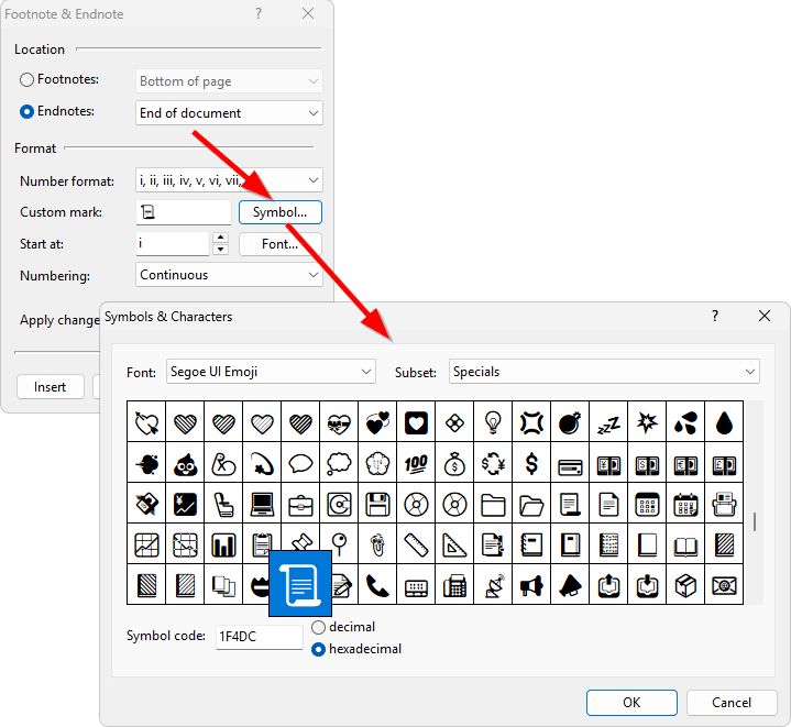 Supplementary characters as note reference marks