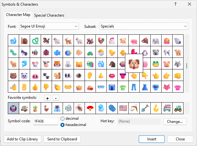 Color previews in the 'Symbols and characters' dialog
