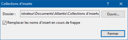 Options de la boîte de dialogue 'Collections d'inserts'