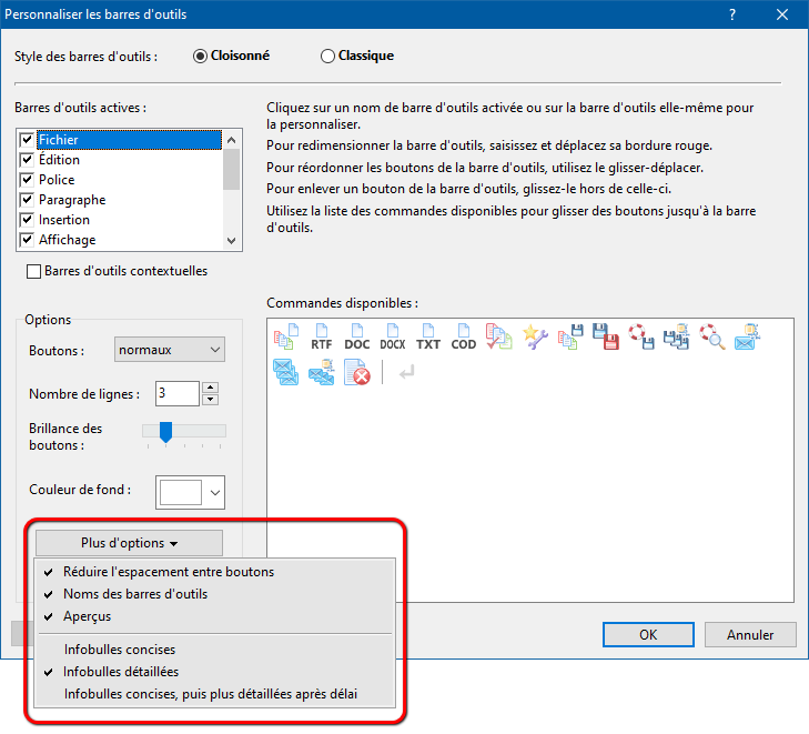 nouvelles options de barres d'outils